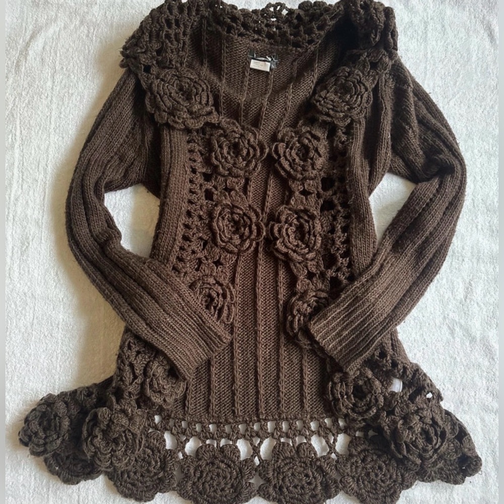 crocheted cardigan, brown floral boho layering piece, Y2K vintage